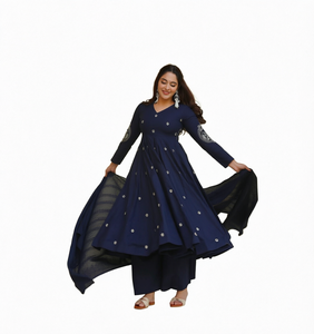 Conjunto de Kurta Anarkali Azul Marino Prayosha Enterprise para Mujer, Pantalones Palazzo, Dupatta a Juego, Elegante, Manga Larga, Bordado, Estilo Étnico - Product Image 1