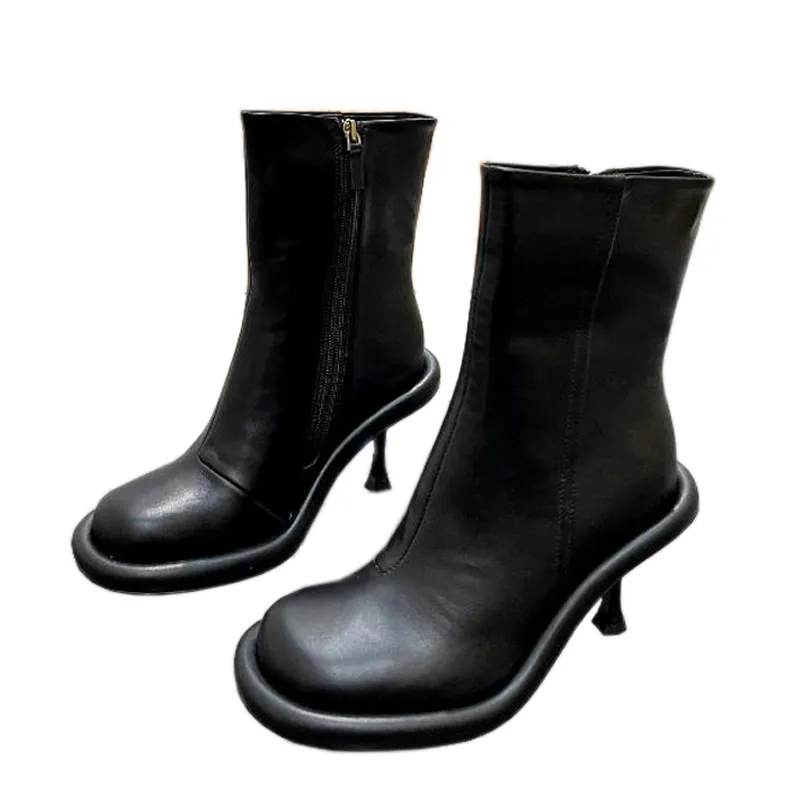 Western Cowboy Zipper Bottes courtes femmes bout rond talon fin Mary Jane talons hauts chaussure Design de mode bottines en cuir véritable