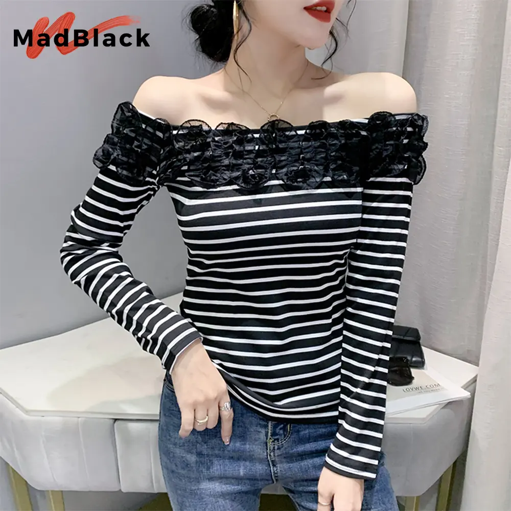 MadBlack Summer European Clothes Off Shoulder T-Shirt Women Sexy Beaded Ruffled Striped Slim Cotton Tops Long Sleeves T35296M