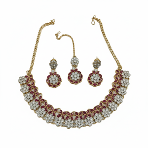 Silver Plated Brass Zircon Kundan Ethnic Wedding Engagement Bridal Gift Jewelry <b>Set</b> Choker Necklace Drop Earrings Tikka Third - Product Image 2