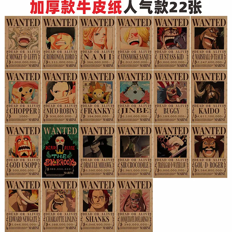 12 Designs Ruffy Zoro Sanji Nami Chopper Braunes Papier Wand plakat Set Anime Charakter Vier Kaiser Oka Shichibukai Wandbilder