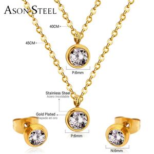 Ensemble de bijoux en acier inoxydable à prix de gros, collier et boucles d'oreilles pendantes de forme ronde avec zircon et double chaîne pour femmes - Product Image 2