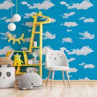 Stiker dinding gaya kartun, perekat langit biru awan putih latar belakang kamar tidur anak