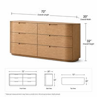 Commode Japandi moderne à 6 tiroirs en bois, buffet de luxe incurvé avec poignées encastrées pour projets hôteliers et villas