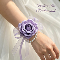 Ensemble de corsages et boutonnières en perles de lavande et roses violettes pour la mariée, le marié, les demoiselles d'honneur, la décoration de mariage et de bal