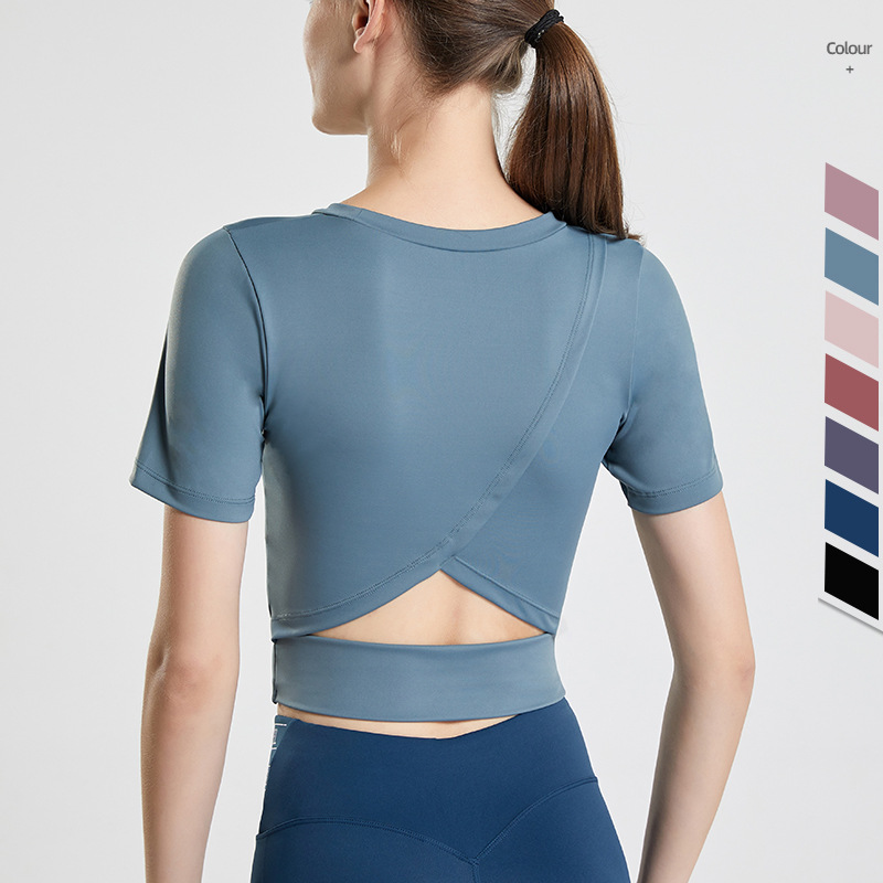 Wholesale Eco-Friendly Quick Dry Breathable Mesh Fabric Nylon Spandex Side Slit Design Women's Sports T-Shirt Patchwork Yoga Top
