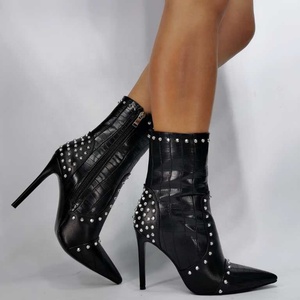 Botines de mujer con estampado de piedra y remaches, talla grande 43, con cremallera lateral decorativa, tacón alto delgado, punta fina, botines cortos para mujer - Product Image 5