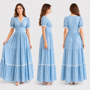 Robe longue personnalisée à imprimé floral pour <span class=keywords><strong>femme</strong></span>, manches bouffantes, col en V, style bohème à volants, idéale pour les invitées de mariage estivales - Fournisseur en gros - Product Image 2