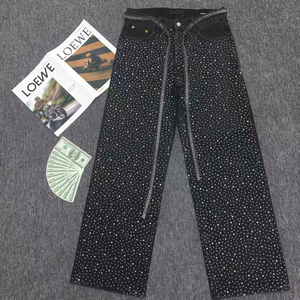 Pantalones vaqueros de <span class=keywords><strong>hombre</strong></span> de corte alto con doble rodilla de diamantes de imitación, estilo Hiphop Oversize, con efecto de goteo en la parte inferior y diseño de diamantes de moda - Product Image 2