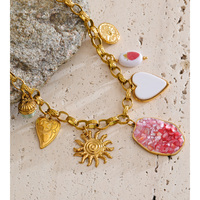 Collier chaîne à maillons en acier inoxydable plaqué or JINYOU 5875 avec pendentif cœur soleil en émail et coquillage naturel rose pour femme