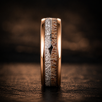 Bague Éternité Unisexe JLM Classique en Acier Inoxydable Plaqué Or Rose avec Double Rainure et Incrustation Bois, Motif Bois de Cerf/Pointe de Flèche, pour Mariage