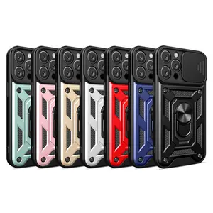 Heavy Duty Shockproof Armor Sliding Window Phone Case For Iphone 15 Pro Max 15 Plus Kickstand Ring Protect Back Cover