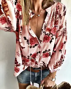 Autumn Long-sleeved V-neck Loose-fitting Flower Print Ladies Shirt Blouse Lady