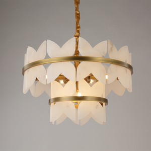 Plafonnier AC moderne et élégant à cadre doré, blanc chaud, avec pétales en albâtre faits à la main, idéal pour chambre, entrée, hall d'hôtel - Product Image 1