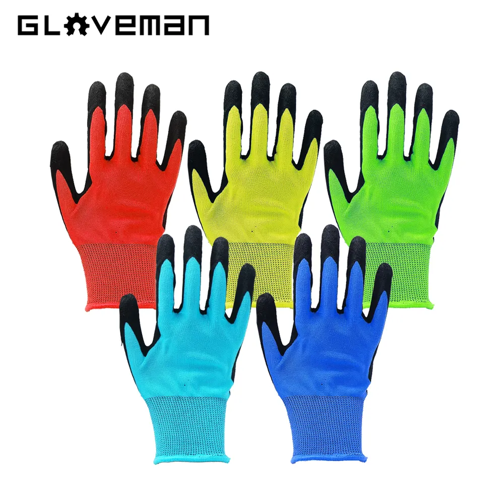 GLOVEMAN 사용자 정의 다채로운 리거 뜨개질 미끄럼 방지 산업 건설 안전 작업 정원 라텍스 모래 코팅 담근 장갑