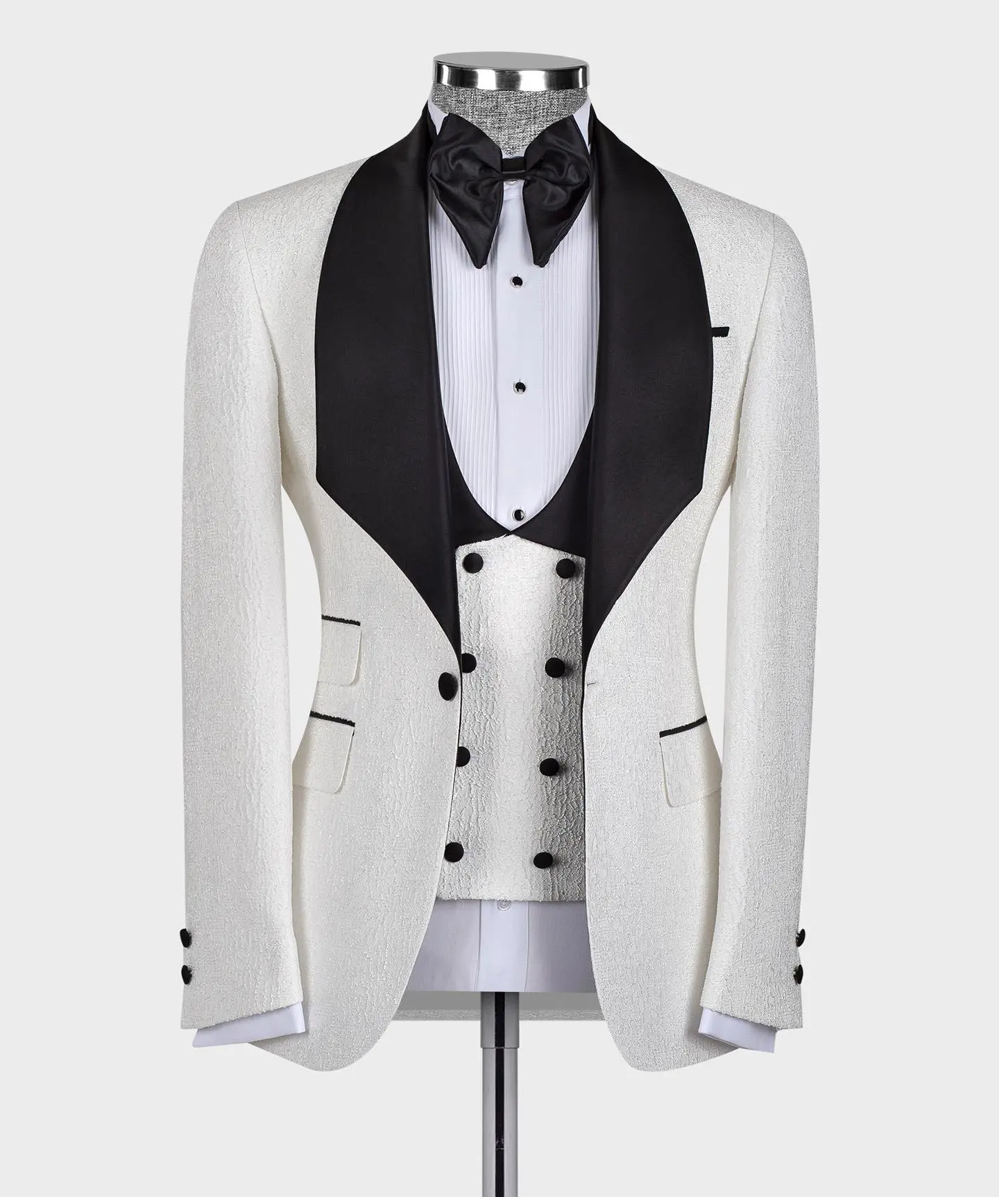Costume 3 pièces personnalisé pour hommes, smoking slim fit en jacquard, veste à col châle et gilet et pantalon à un bouton
