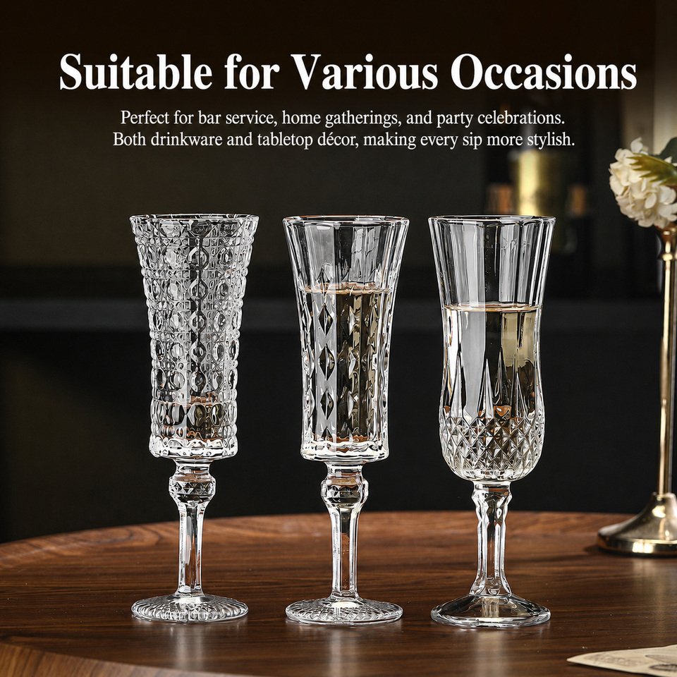 Stemmed flute glasses with different textured bowl patterns