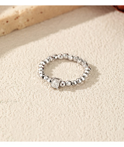 S925 Sterling Silver Faceted Round Bead <b>Stretch</b> Bracelet With Square Zircon Charm Minimalist Jewelry Gift For Daily Women Wear - Product Image 2