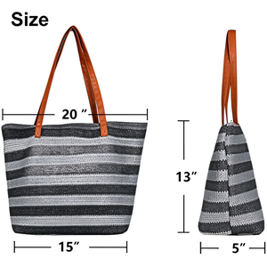 Grands sacs de plage élégants en paille de couleur unie avec fermeture éclair, grands sacs fourre-tout pour piscine avec poches intérieures, sacs à main d'extérieur pour femmes - Product Image 2