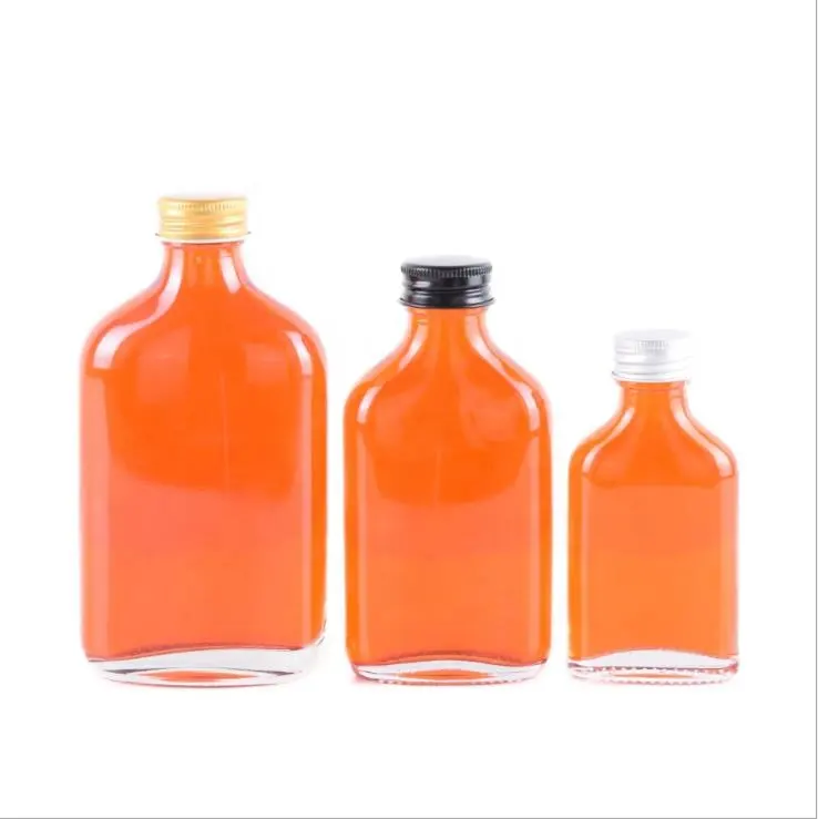 Wholesale 100ml 200ml 350ml alcohol liquor drinking flat flask glass bottle with aluminum cap