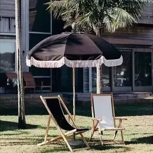 流行木杆帆布防水露台游泳池阳光花园沙滩户外遮阳伞带流苏伞