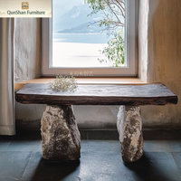 Table à thé et à dîner en pierre et marbre d'inspiration zen Wabi-Sabi rétro avec design antique, table basse et chaises, meubles pour la maison