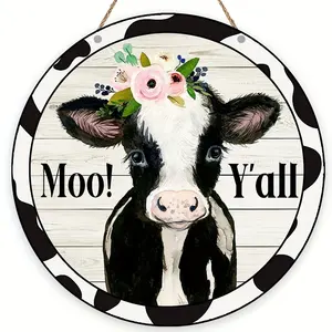 Funny Farm Front Door Decor Hanging Ornaments Rustic Sunflowers Cow Round Wooden Signs Wall Art For Home Kitchen Garage Decor