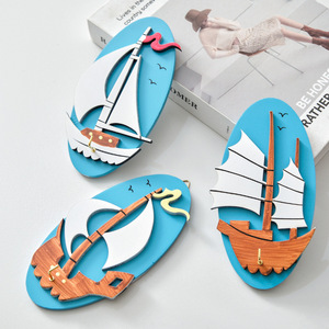 Mediterranean Style Wooden <b>Wall</b> <b>Hooks</b> Oval Shape Multi Piece Package Home Decoration Key Holder Coat <b>Rack</b> Scenic Design - Product Image 3