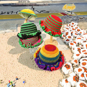 หมวกบักเก็ตถักลายทางสำหรับผู้หญิง ขายดี สำหรับฤดูหนาว ทำมือ สไตล์ลำลอง หมวกโครเชต์ทรงบีนนี่ ตกแต่งขอบระบายสีสันสดใส - Product Image 3