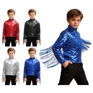 8-14 Kids Boys Glittery <b>Sequin</b> <b>Jacket</b> Fringe Coat Outerwear For Jazz Dance Cowboy Party Stage Performances Festive Dance Costume - Product Image 1