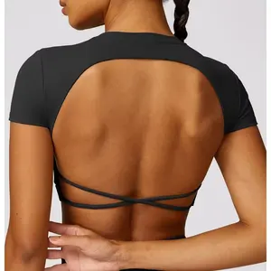 Kadın açık geri egzersiz spor Tops Backless kesme kısa kollu kırpma üst kadınlar için özel Logo spor giyim