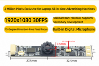 Module de caméra USB 2MP 1080P avec microphone |   Sans pilote |   pour ordinateur portable / PC tout-en-un / écran publicitaire