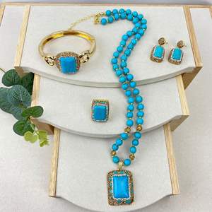 Nouvel ensemble de 4 boucles d'oreilles pendantes en alliage de haute qualité, style chrétien, vintage, bohème, indien, entièrement orné de pierres et de turquoise, pour femme, vente en gros - Product Image 3