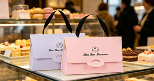 Handheld macaron gift <b>box</b> made of thickened <b>white</b> cardboard with fabric ribbon handles formed by color printing die cutting - Product Image 4