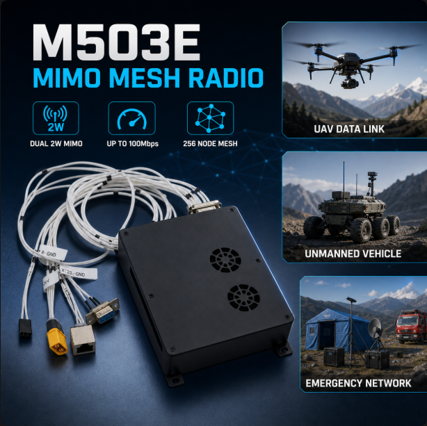 M503E UAV Data Link Mesh Radio for Drone Telemetry Wireless Video Transmission MANET Network Unmanned Vehicle and Relay Radio