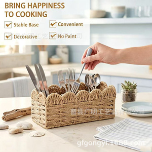 Handmade <b>Paper</b> Rope Cutlery Rack Rectangle Beige 24x8.5x10cm <b>Kitchen</b> Storage Basket For Party Tableware - Product Image 4