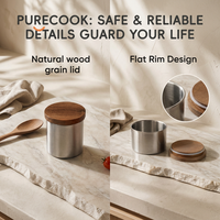 PURECOOK Boîte à café hermétique en acier inoxydable avec couvercle en bois, récipient scellé pour grains de café, thé, épices, rangement de cuisine
