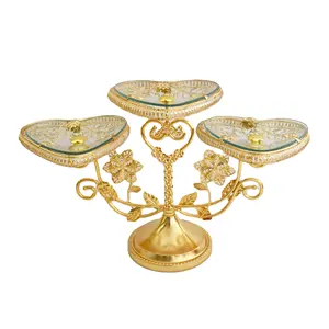 Wedding decorative metal gold plated 3 tiers heart shape glass fruit cake plate