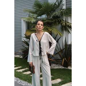 Conjunto de Lino Beige para Mujer, Manga Larga, Estilo Normcore Minimalista, Traje de Pantalón Transpirable para Uso Casual - Product Image 3