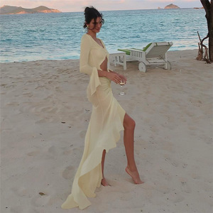 2024 <span class=keywords><strong>estate</strong></span> abbigliamento da donna nuovo arrivo con scollo a V Sexy in pizzo a pieghe cavo trasparente abito Slim Fit - Product Image 4