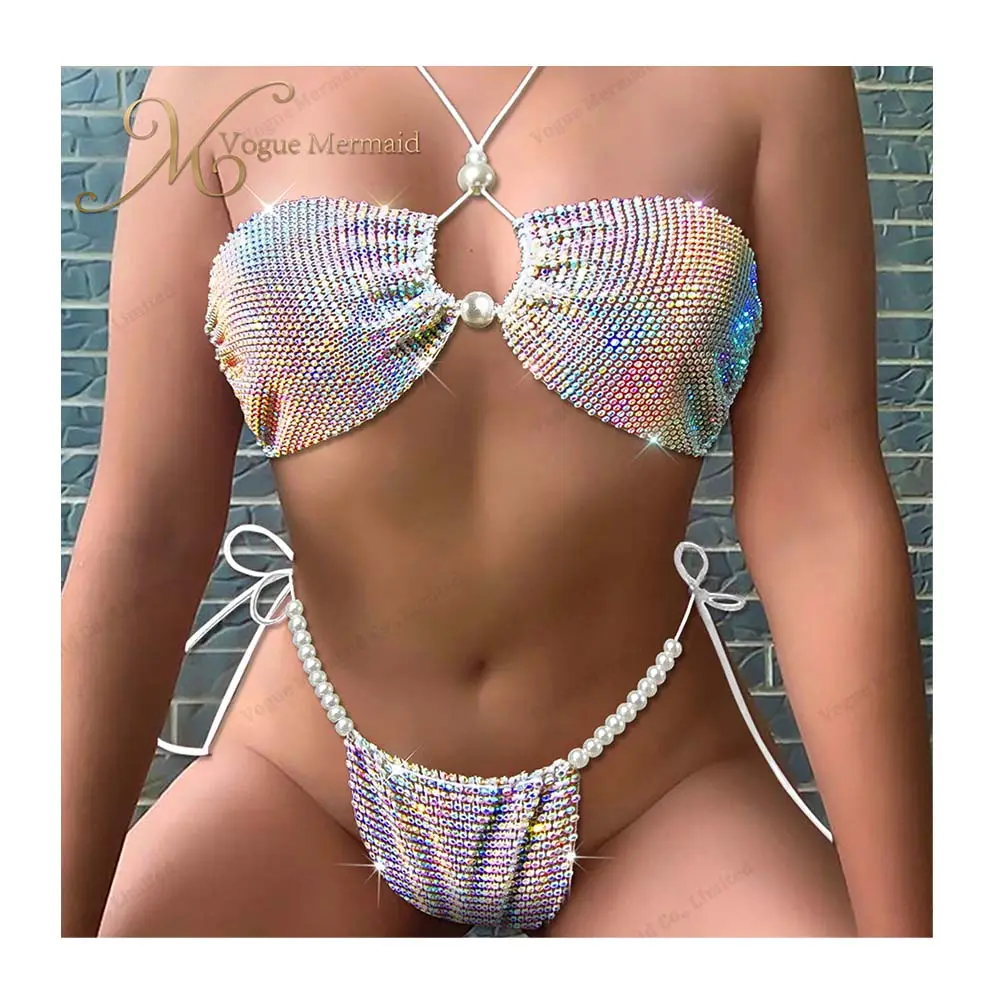 Sfilata di moda Sexy Bikini di lusso costumi da bagno ragazze strass Shiny Wear Performance Stripper Outfit Bikini a sirena