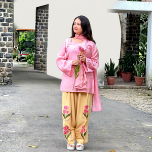 Pink Cotton <b>Kurta</b> With Embroidered Beige Palazzo Pants Traditional <b>Indian</b> Pakistani Casual Wear Women's Loose Fit Spring Style - Product Image 1