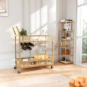 바 카트 골드 홈 산업용 모바일 바 카트 와인 랙과 유리 홀더 2 보관 선반이있는 바퀴에 와인 카트 서빙 - Product Image 2