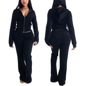 Conjunto de Jogger de algodón de 2 piezas con logotipo personalizado para mujer, pantalones de chándal con cremallera y patrón sólido, trajes informales de verano - Product Image 1