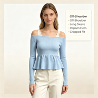 Pull décontracté de haute qualité pour femme, couleur bleue, épaules dénudées, à manches longues et pointelle, personnalisable OEM & ODM, vente en gros