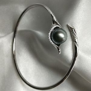 Bracelet élastique en argent S925 avec perle noire de Tahiti de 9-10 mm, bracelets et joncs élégants en perles, idée cadeau - Product Image 4