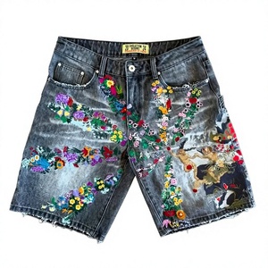 SENSEL SPORTS Customized Men's Denim Shorts Painted Acid Wash Distressing Effects Flower Embroidery Leather Patch Zipper Button - Product Image 1