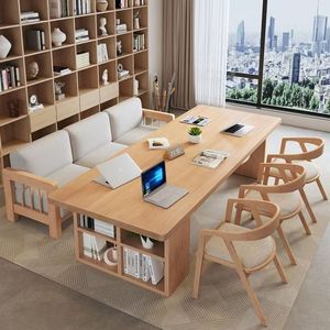 <b>Solid</b> <b>Wood</b> Integrated Desk And <b>Bookcase</b> One Line Office Study Table With Storage Shelf For Home Workspace DY78246 - Product Image 2