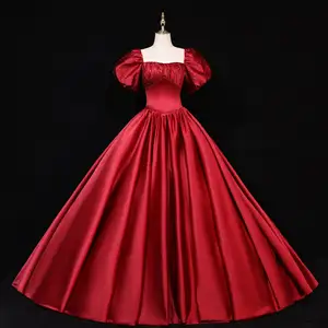 Women Ball gown Dark red Wholesale ball bridal dress luxury bead lace wedding dress soft satin off shoulder dress