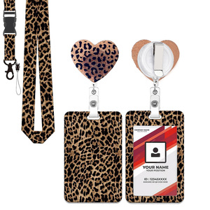 Brown leopard print heart-shaped ABS brooch with back <b>clip</b>, extendable ID card protector, anti-loss <b>buckle</b>. - Product Image 1
